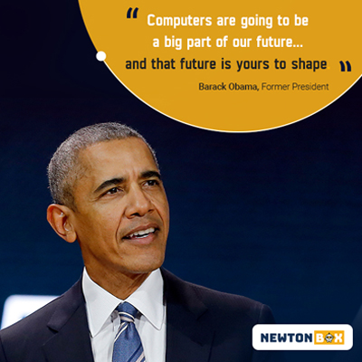 Barack Obama speaking, on a Newton Box quote card.